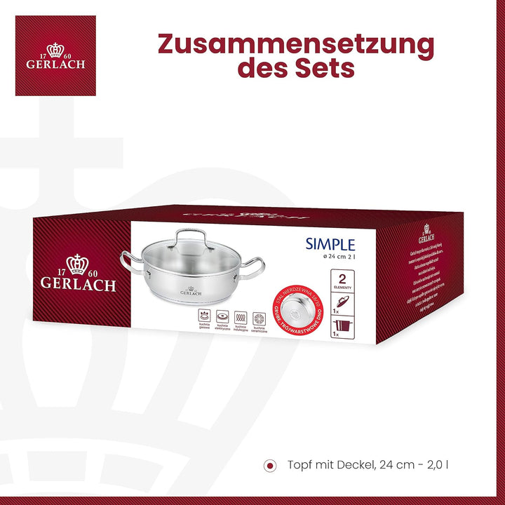 Gerlach Simple Topf 2L aus Edelstahl Kochtopf Klein mit Deckel Durchmesser 24 cm Töpfe Kochtöpfe mit