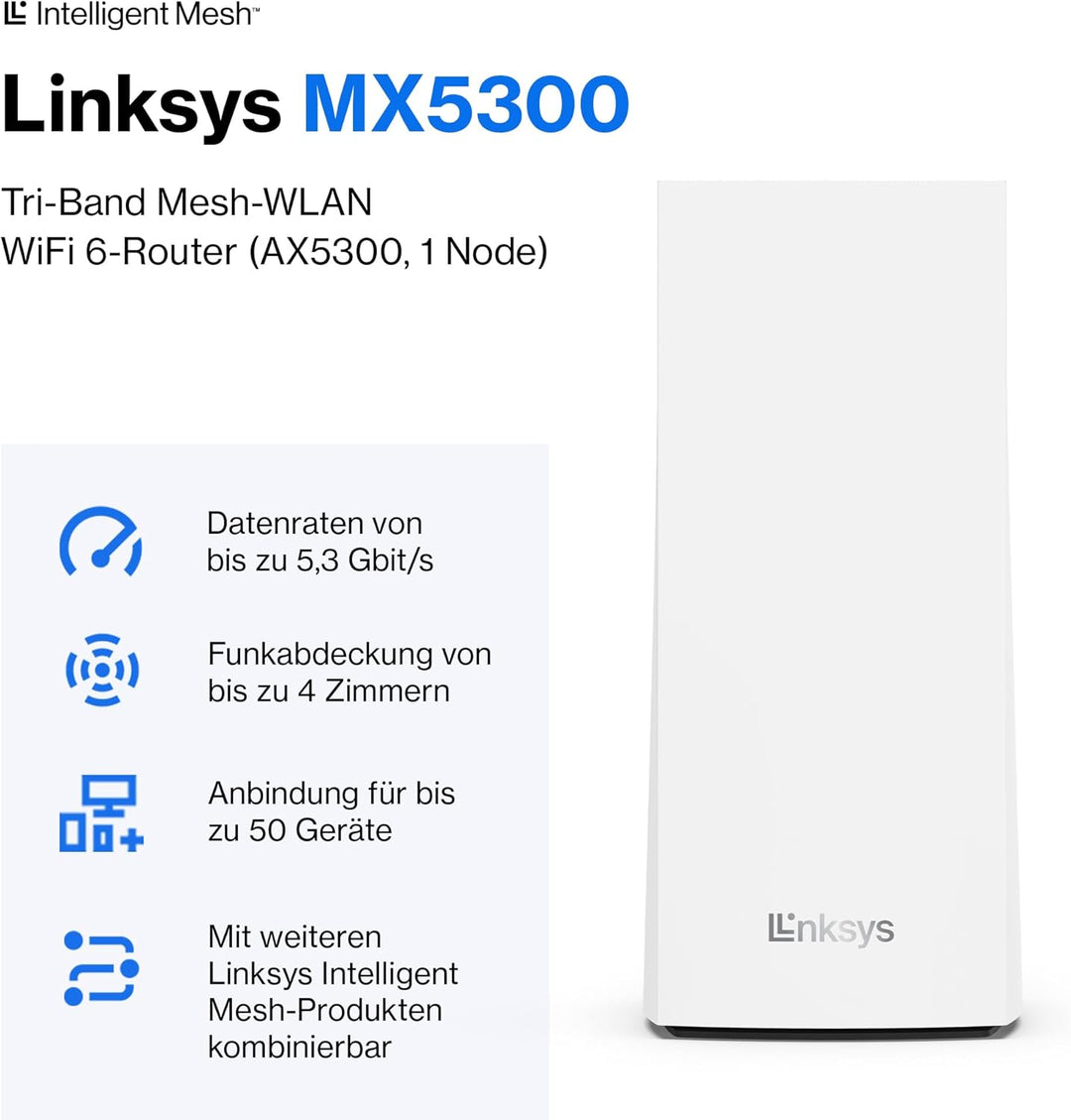 Linksys Velop MX5300 Tri-Band Mesh-WiFi 6-System (AX5300) WLAN-Router mit bis zu 260 m² Funkabdeckun