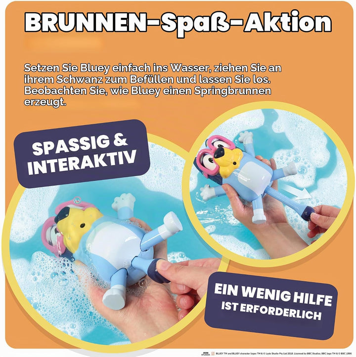 Toomies Swim School Bluey Badespielzeug, Schwimmende Wasserfontäne Bluey, Zieh-den-Schwanz Wasserspr