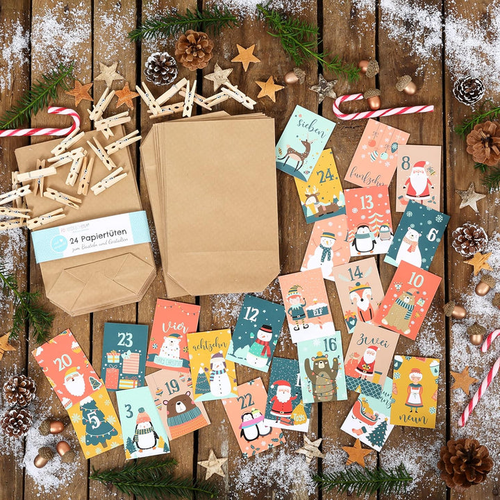Papierdrachen Adventskalender 2025 zum Befüllen - 24 bedruckte Papiertüten mit Zahlenkarten & Klamme