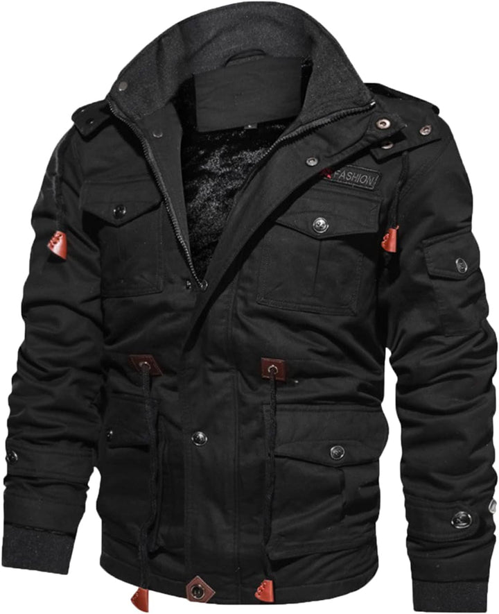 YEBIRAL Herren Fleece Gefüttert Warme Winterjacke Militär Jacke mit Abnehmbarer Kapuze Übergangsjack