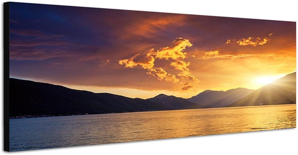 Paul Sinus Art Panoramabild auf Leinwand und Keilrahmen 150x50cm Balkan Montenegro Meer Berge Abendl