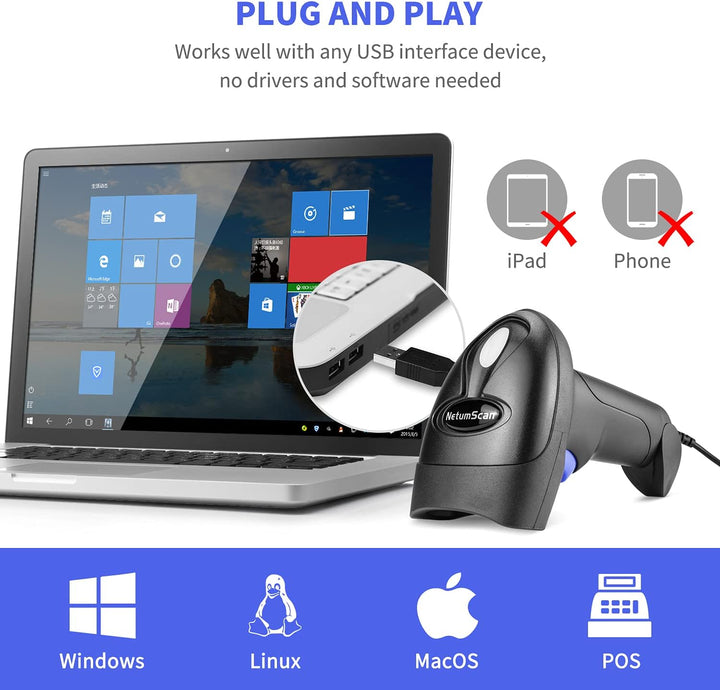 NetumScan Kabelloser CCD Barcode-Scanner, USB, automatischer Barcode-Leser, kompatibel für PC, Mac-