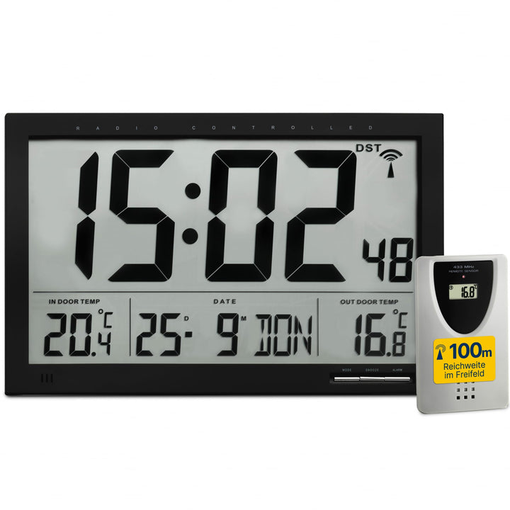 TFA Dostmann Digitale XL-Funkuhr, mit Aussen-und Innentemperatur, Wanduhr, gut ablesbar, schwarz, 60