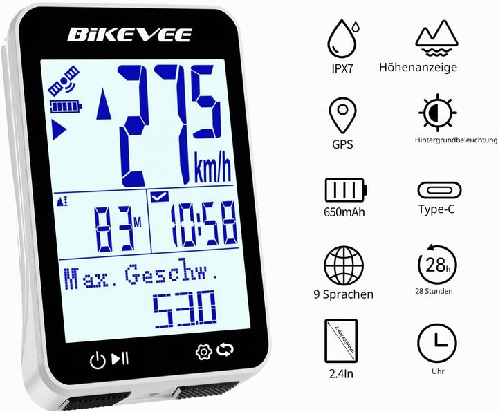GPS Fahrradcomputer Kabellos IPX7 Wasserdicht 2.4'' FSTN Display 28H Akku Weiss-A【Standardhalterung】