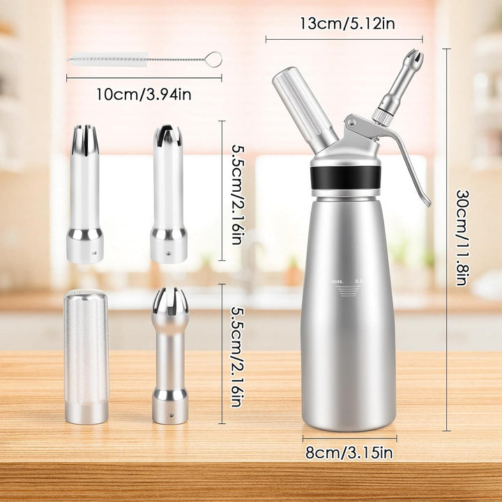 500ml Sahnespender, Sahnesyphon Aluminium, mit 3 Edelstahl Deko-Düsen (Lotus, Stern, Kreuz) & Reinig