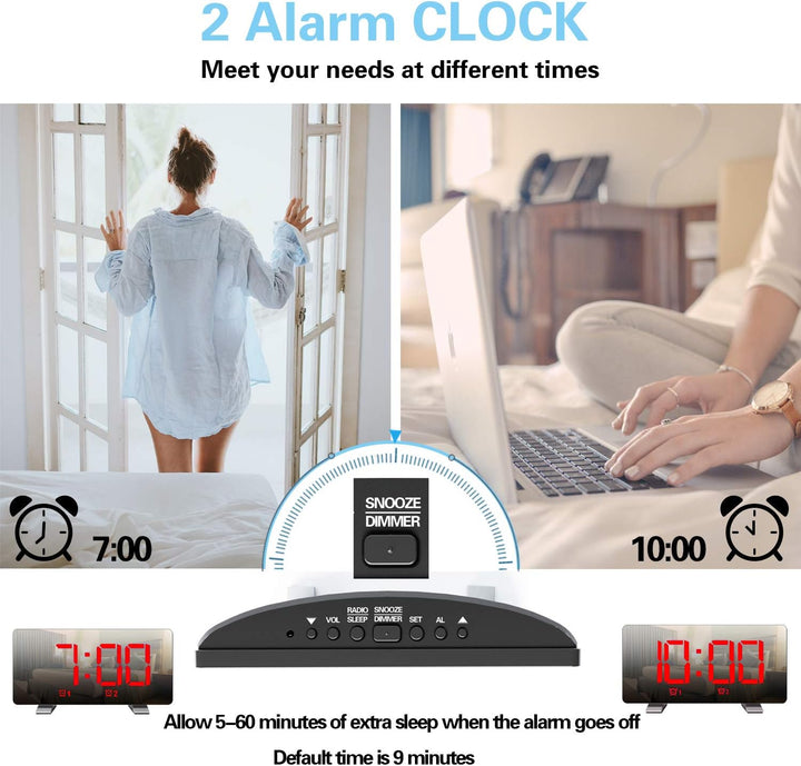 ThreeH Radio-Digitaluhr mit USB-Telefonladegerät 7,3'' LED Curved-Screen-Display mit Dimmer 2 Wecker