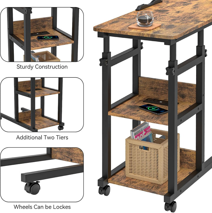 PIPIPOXER Beistelltisch mit Rollen, 80cm x 40 cm Sofatisch Rollen mit Steckdose & USB, Laptoptisch H