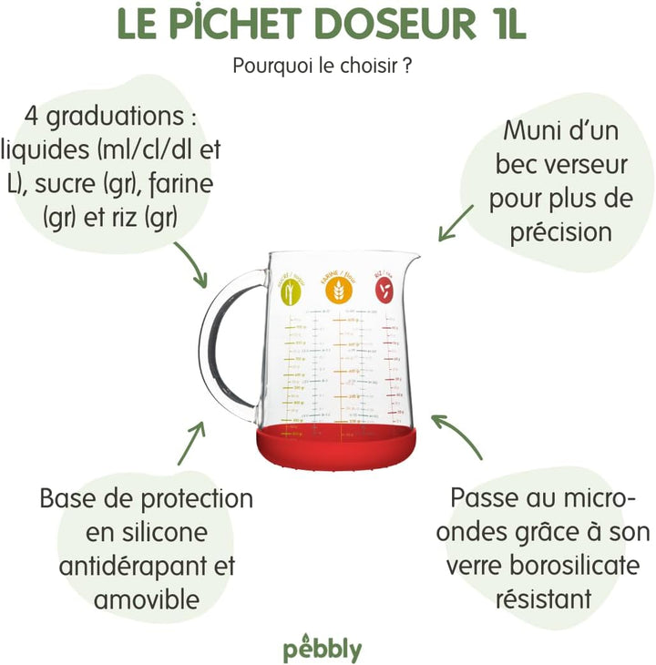 Pebbly PKM-1000R MESSBECHER MIT SILIKONBODEN 1L, Borosilikatglas, Silikon, Rot, 11,9 x 11,9 x 15,8 c