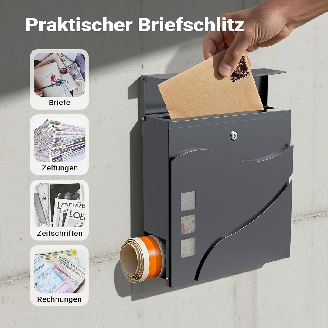 Wiltec Designer Briefkasten V28 Anthrazit 370 x 105 x 370 mm, Wandbriefkasten mit Schloss, Sichtfens