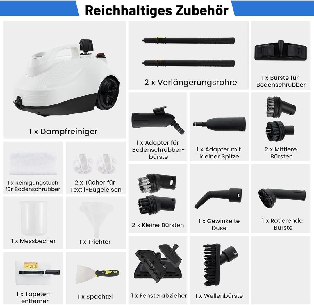 RELAX4LIFE Dampfreiniger 2000W, Dampfdruck: 5 bar, Flächenleistung: 108 m², Tank: 1,8 L, Aufheizzeit