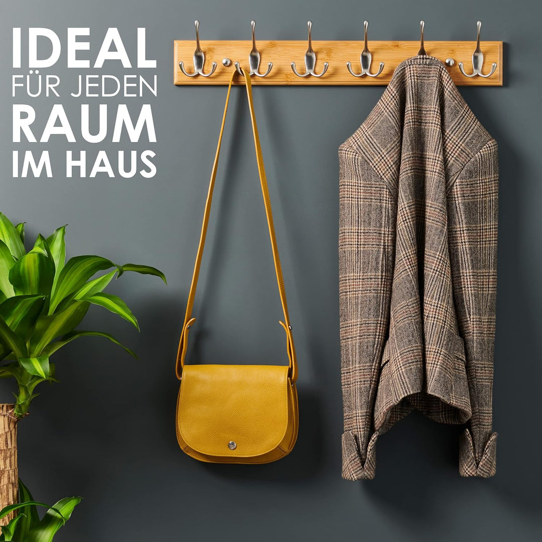 LARHN Garderobenhaken Holz - Garderobenleiste Holz mit 6 Haken in Nickel Matt - 59 cm - Kleiderhaken