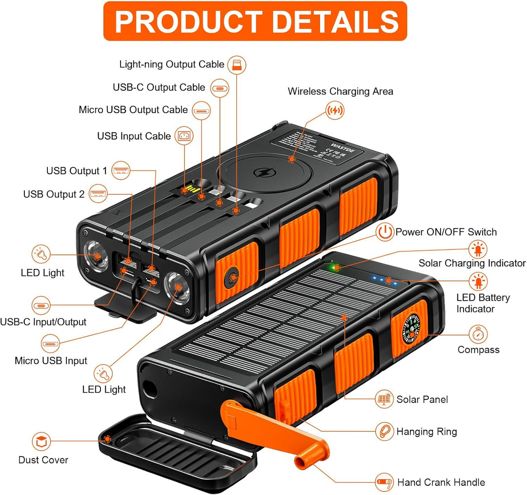 Wireless Solar Powerbank 26800mAh mit Handkurbel & 4 Kabeln, USB-C 15W Schnellladung Externer Akku 7