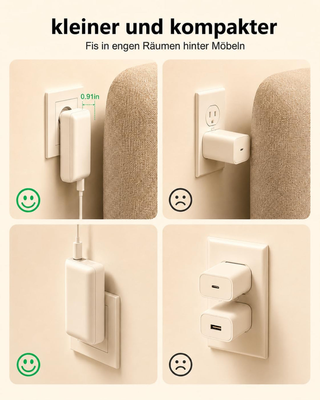 USB Ladegerät Flach,3 Ports USB C Stecker Abgewinkelt,Flaches Netzteil mit 20W PD Schnellladegerät,F