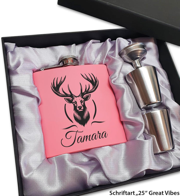 Jägerin Geschenk Rosa Flachmann Hirsch mit Gravur Flachmann Frauen Geschenkidee Bergsteigerin Pink,