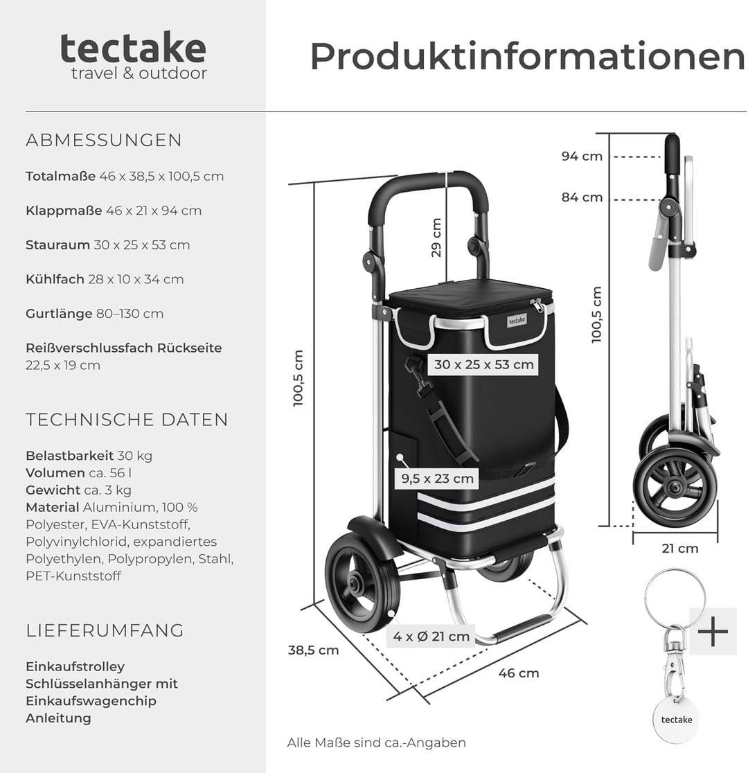 tectake® Einkaufstrolley 3-in-1 klappbar mit Kühltasche, 30 kg belastbar, 45,5 L, Einkaufsroller, Sh