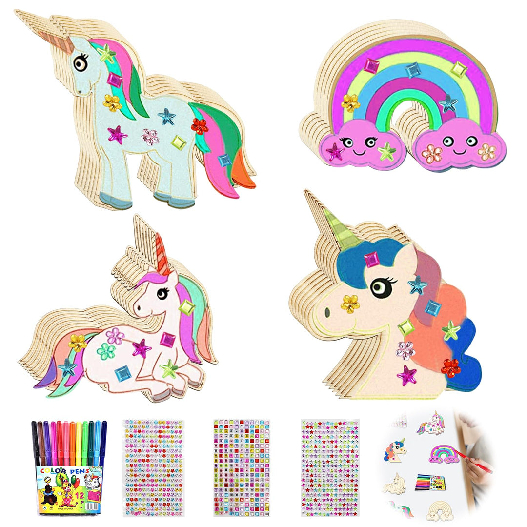 Einhorn Holz Bastelset 40 Stück Einhorn Holz Kindergeburtstag mit 12 Aquarellstiften + 3 Glitzeraufk