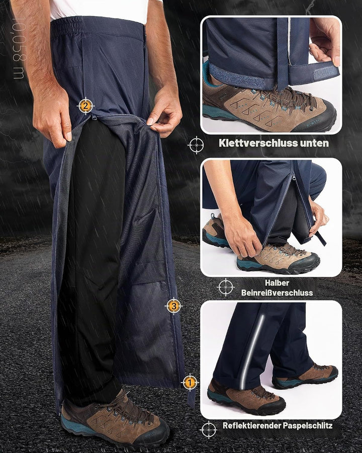 33,000ft Regenhose Herren Wasserdicht Full Zip Wanderhose, Atmungsaktiv 2-Lagen Überziehhose Fahrrad