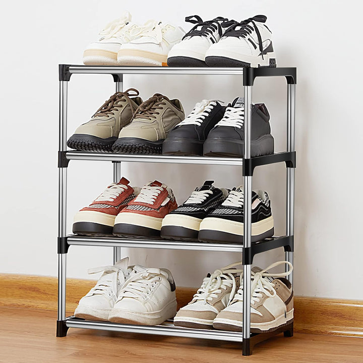 Kleines Schuhregal mit 4 Ebenen, Stapelbares Schuhregal Metall Schuhschrank für Eingang Schrank für