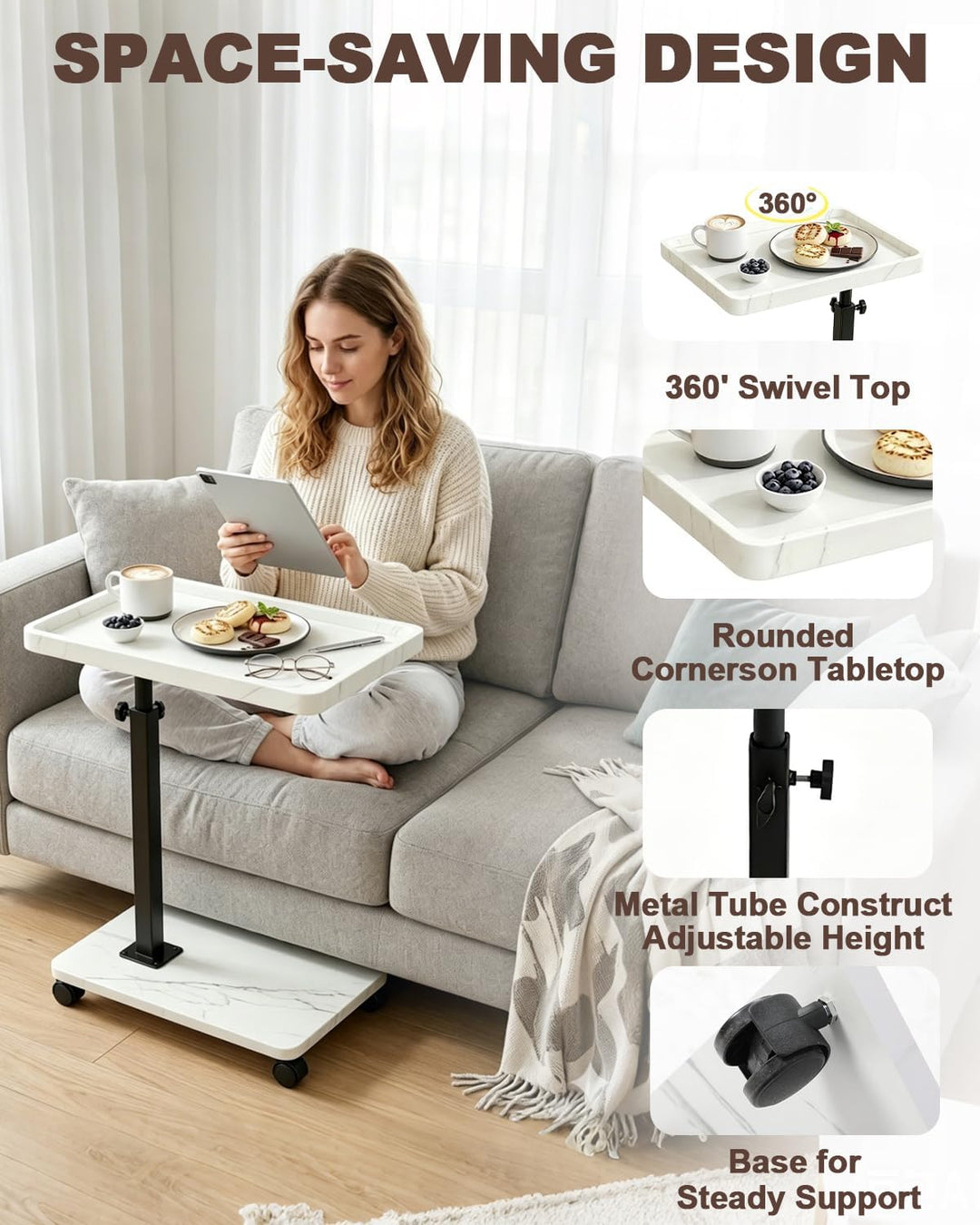 Beistelltisch Höhenverstellbar, Beistelltisch mit Rollen C Form Holz, 360° Rotierend Sofa Tisch, für