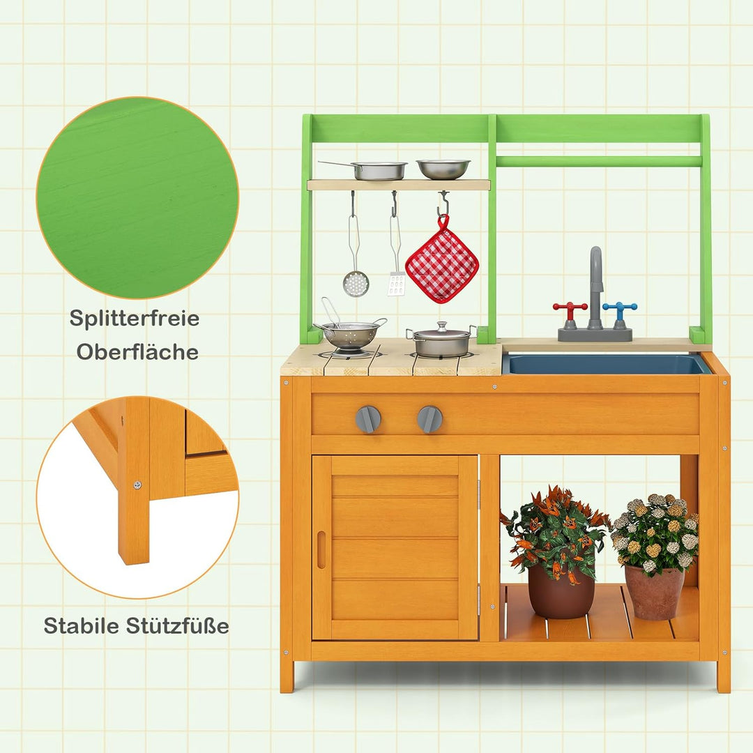 COSTWAY Matschküche Kinder Outdoor, Kinderküche mit Zubehör, Spielküche mit realistischen Herden & W
