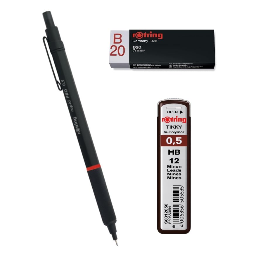 rOtring Rapid Pro Rapid Pro Bleistift, 0,5 mm, Schwarz, Set Tikky Hi-Polymer-Minen, 0,5 mm, HB und R
