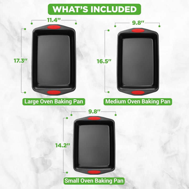 NutriChef 3-Piece Baking Pan Set - PFOA, PFOS, PTFE Free Flexible Nonstick Black Coating Carbon Stee