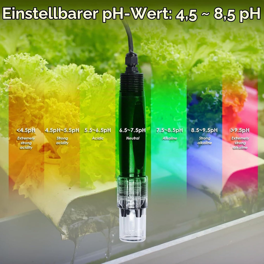 pH-Regler mit Temperaturkompensation, einstellbarer pH-Regelbereich von 4,5 bis 8,5 pH, doppelte Rel