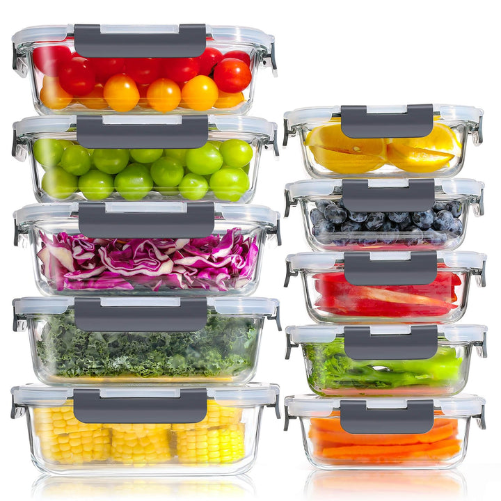 YASHE Glasbehälter mit Deckel, 10 Teile Stapelbar & Luftdicht Meal Prep Boxen Glas für Spülmaschinen