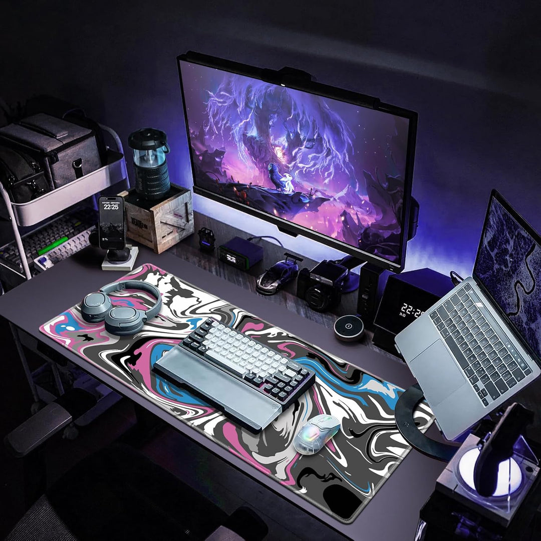 Gaming Mauspad XXL, Mousepad 900 x 400mm, Fluid Art Mauspad gross Vernähte Kanten WassXerdicht Anti-