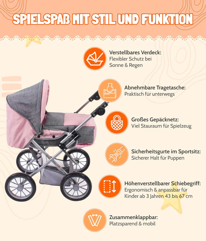 Bayer Chic 2000 - Puppenwagen Leni, 2in1 Kombipuppenwagen mit herausnehmbarer Tragetasche, Jeans pin