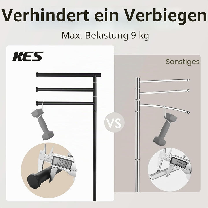 KES Handtuchhalter Stehend Schwarz, Handtuchständer Freistehend Badezimmer Handtuchhalter 3 Stangen
