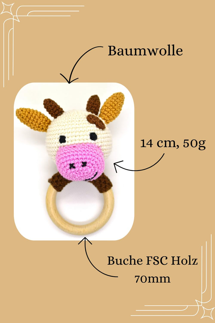 Baby Rassel Kuh | Beissring Kuh | Kuh gehäkelt | Geschenk zur Geburt | Geschenk zur Taufe | Babyspie