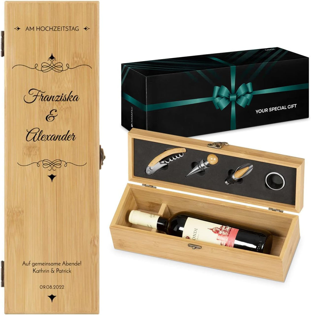 Maverton Weinbox für 0,7L Weinflasche - Wein Holzbox personalisiert + 4er Weinzubehör - Weinset Wein