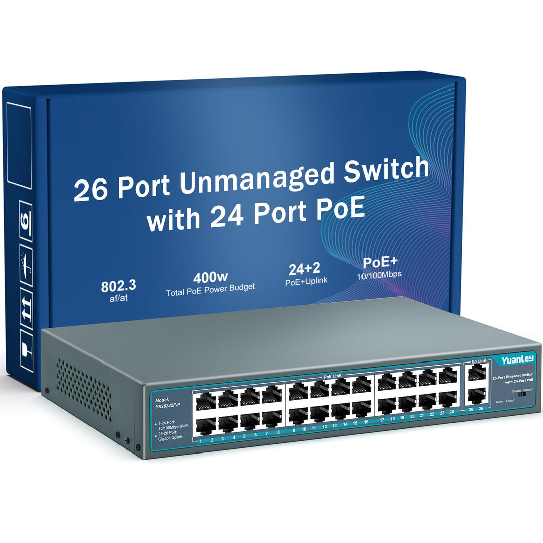 YuanLey 26 Port PoE Switch, 24 PoE+ Port 100Mbps, 2 Uplink Gigabit, 802.3af/at 400W, Nicht verwaltet