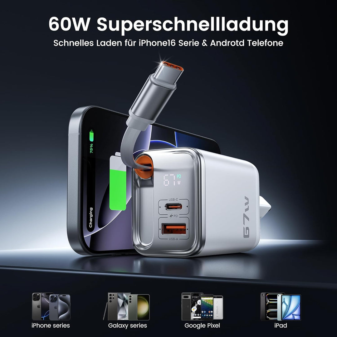toocki USB C Ladegerät, 3Port GaN Mehrfach Ladegerät mit Schnell Einziehbares Ladekabel,67W USB C Ne