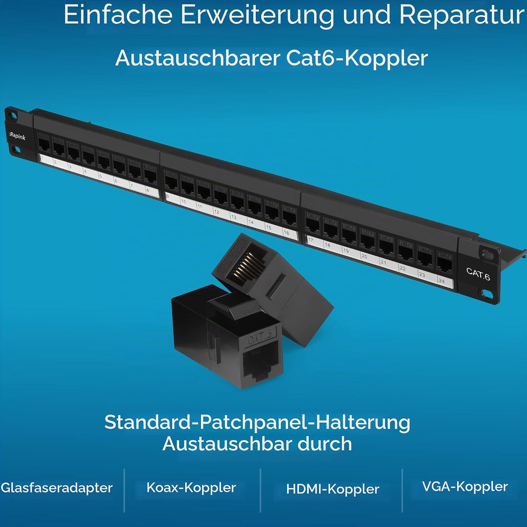 Patchpanel 24 Port Cat6 mit Inline Keystone 10G Support, Rapink Pass-Thru Koppler Patchpanel UTP 48,