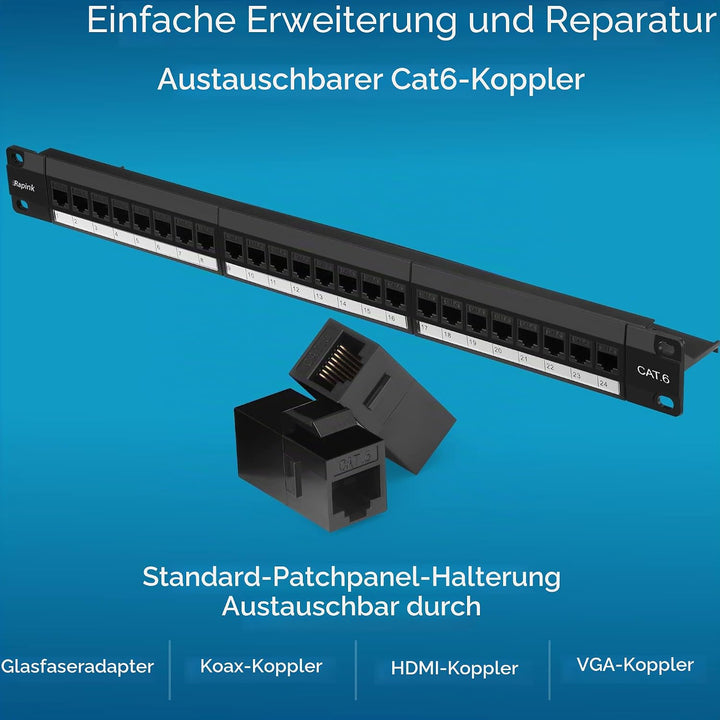 Patchpanel 24 Port Cat6 mit Inline Keystone 10G Support, Rapink Pass-Thru Koppler Patchpanel UTP 48,