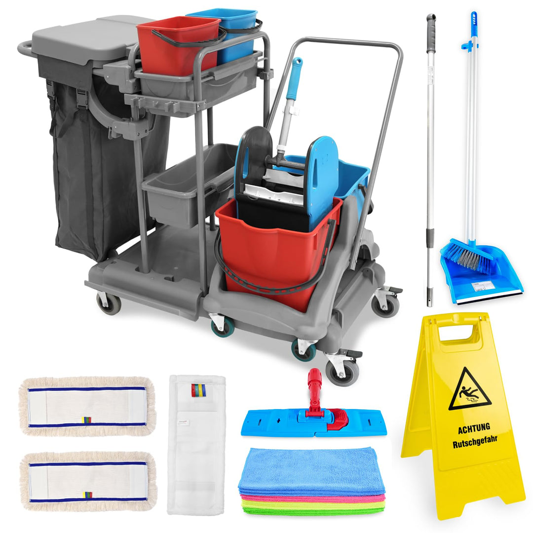 Hypafol Putzwagen Reinigungswagen Set | 2 x 18 l Eimer mit Wischmopp-Presse | Kehrgarnitur mit lange