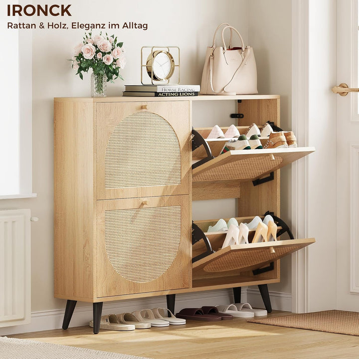 IRONCK Schuhschrank Rattan, schmal Schuhkipper mit 4 Klappen, freistehende Schuhregal, Schuhkommode