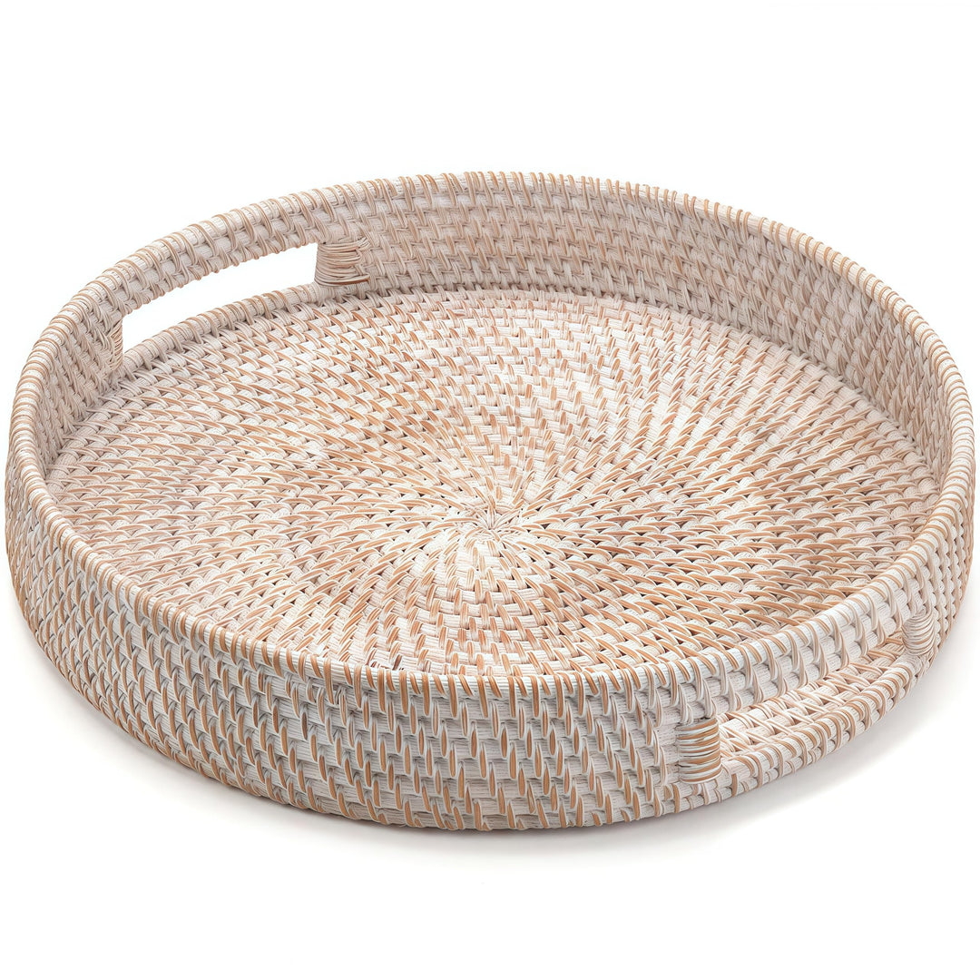 Rundes Rattan Serviertablett, Handgewebtes Serviertablett mit Griffen, Wicker Servierkorb, Dekorativ