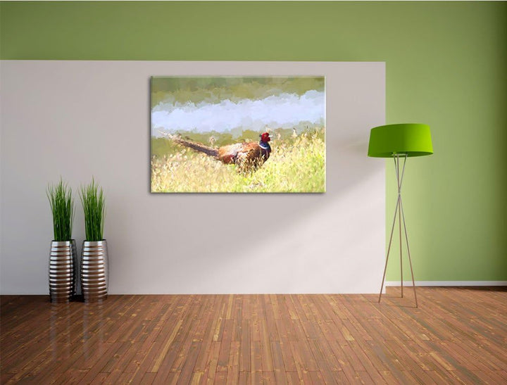 farbenprächtiger Fasan auf Frühlingswiese NewArt Format: 100x70 cm auf Leinwand, XXL riesige Bilder