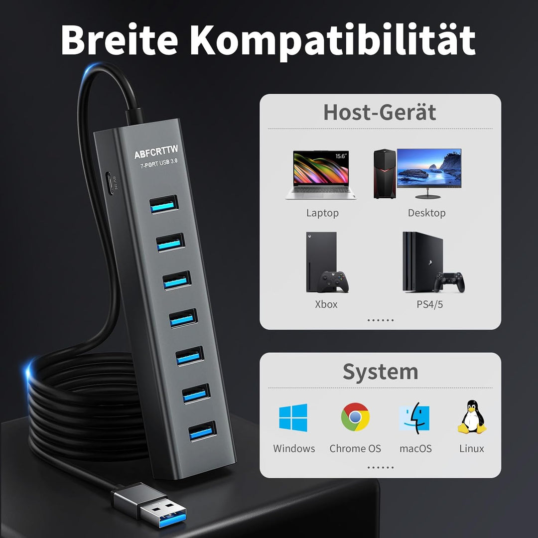 7-Port USB Hub 3.0 mit 120cm Kabel für Desktop, Aluminium USB Verteiler 5Gbps Multiport Adapter Spli