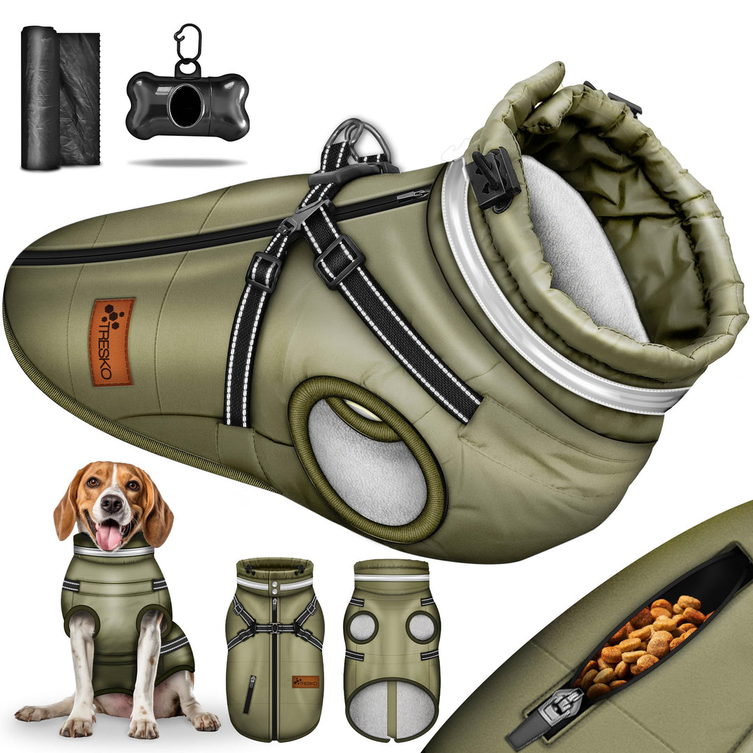 TRESKO® Hundejacke Winter mit Reflektoren inkl. 15 Stück Kotbeutel + Spender | Hunderegenmantel wass