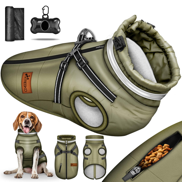 TRESKO® Hundejacke Winter mit Reflektoren inkl. 15 Stück Kotbeutel + Spender | Hunderegenmantel wass