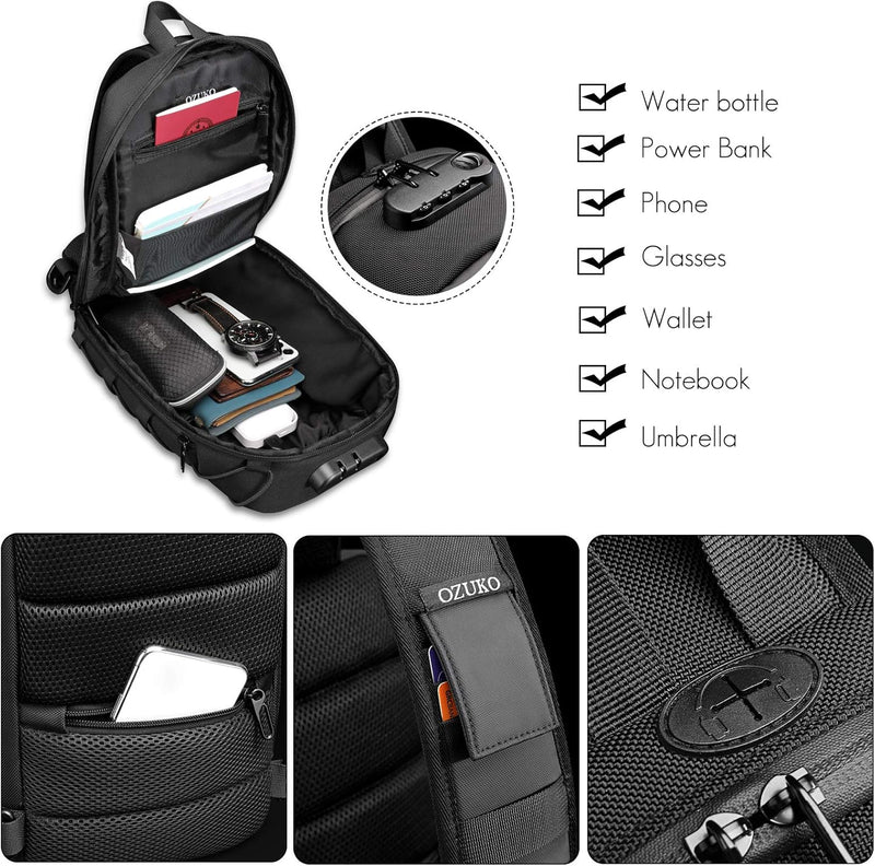 FANDARE Herren Brusttasche Diebstahlsicherung Sling Rucksack Casual Daypacks mit USB für Schultertas