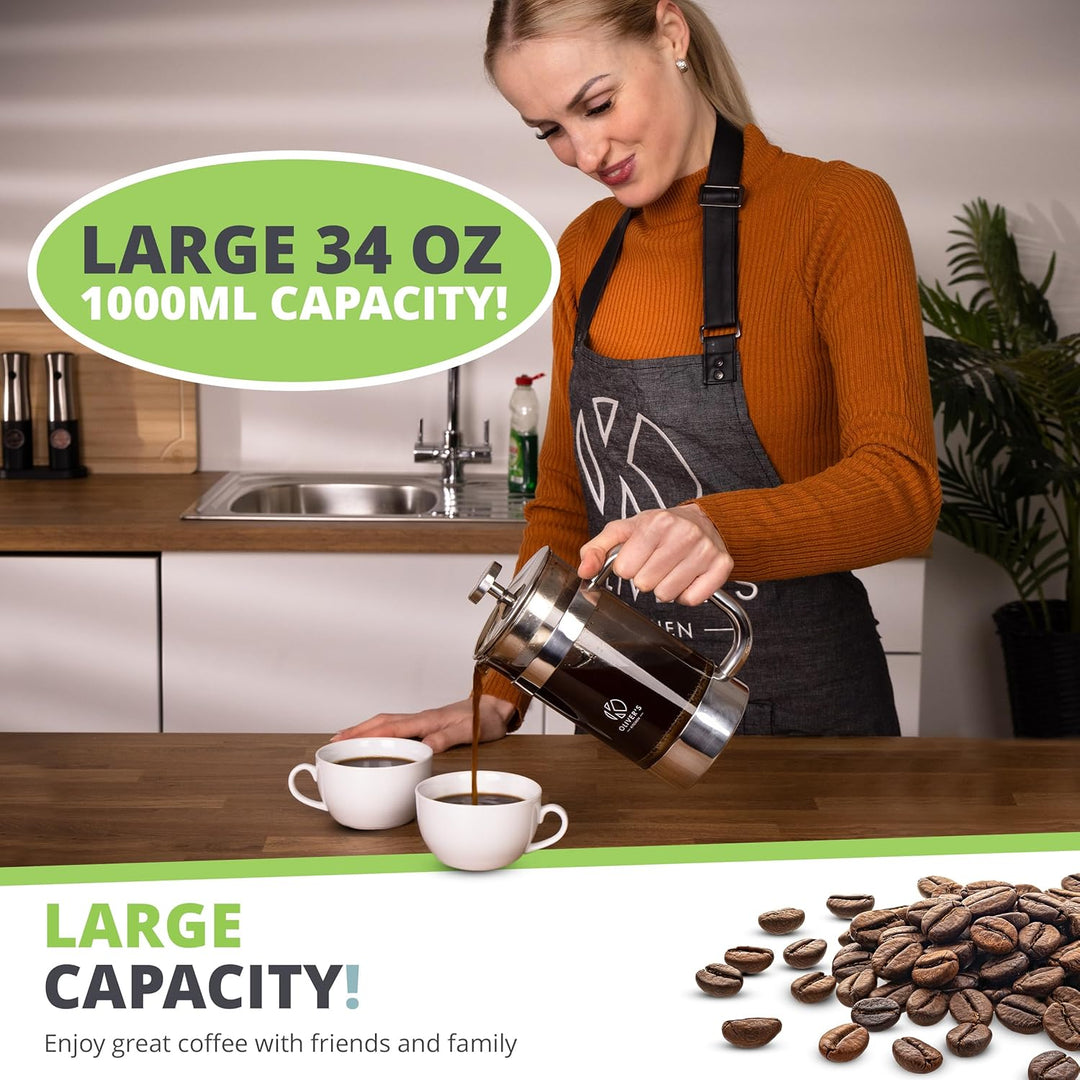 Oliver's Kitchen® French Press 1 liter - Eleganter Kaffeebereiter aus Glas - Kaffee Maschine für aut
