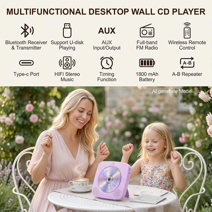 Gueray Desktop CD Player Bluetooth CD-Spieler mit Lautsprechern für Zuhause 1800mAh Tragbarer CD-Pla