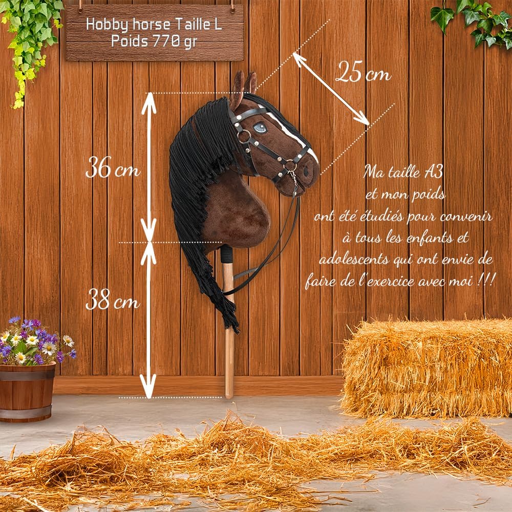 Hobby Horse Bai braun schwarze Haare, komplettes Stickpferd mit Netz, Gebiss, Zügel und Schwimmer, P