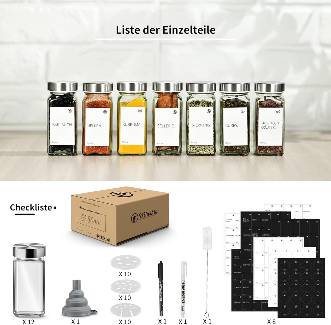 Miorkly Gewürzgläser Eckig Mit Streueinsatz - 12 Stück 120ml Gewürzdosen Mit Edelstahl Deckel, Streu